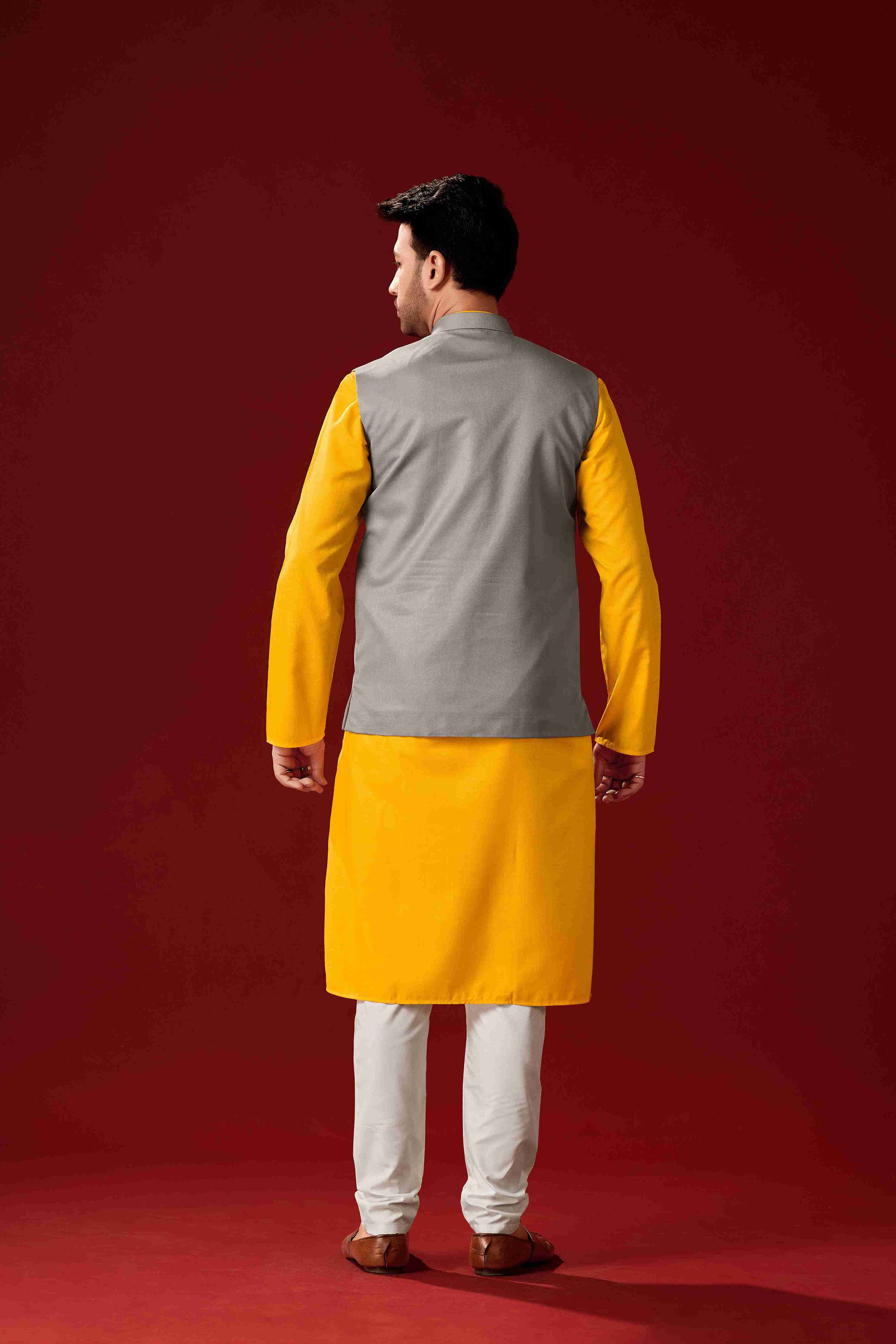 Men's Mustard Cotton Kurta Pajama Set With jacket