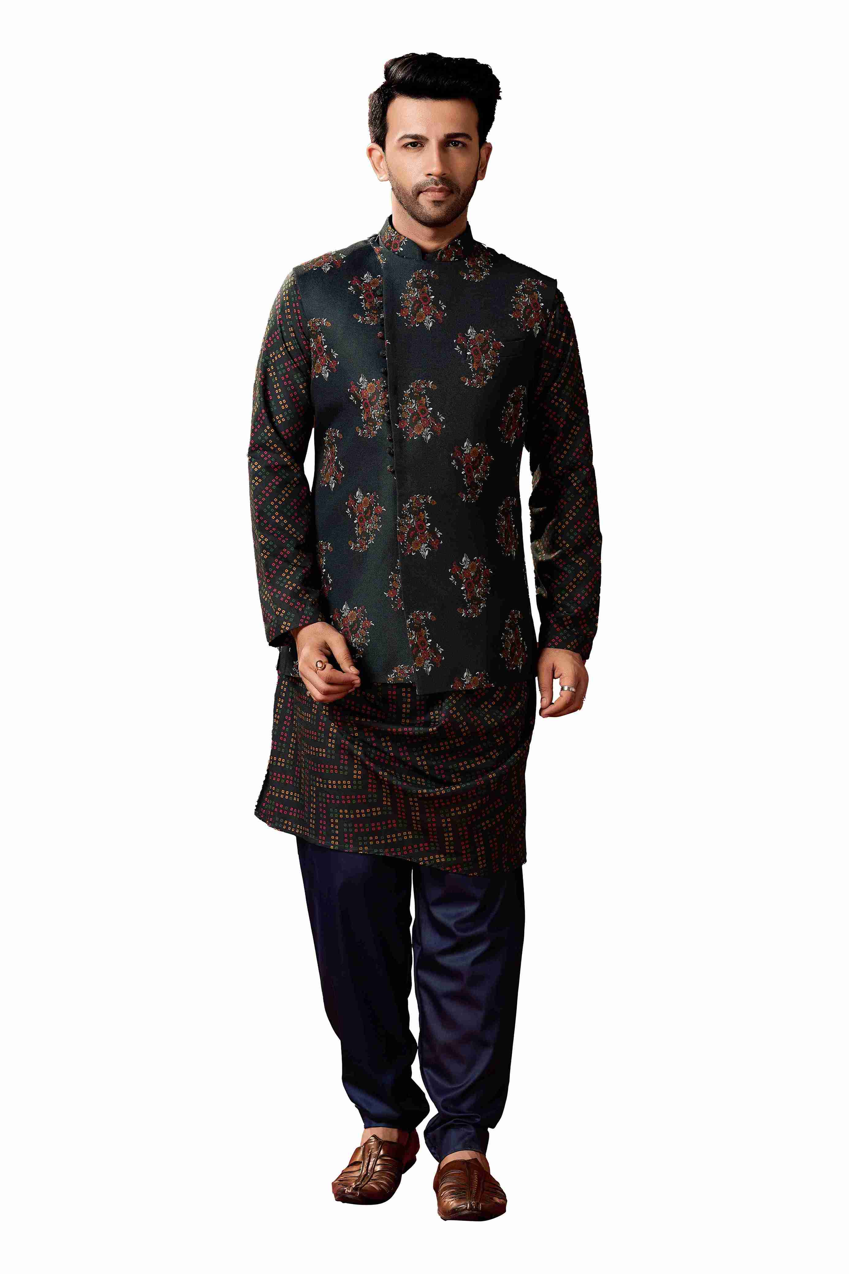 Men's Dark Blue Cotton Kurta Pajama Set With Printed Jacket