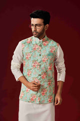 Men's Off-White Cotton Kurta Pajama Set With Printed Jacket