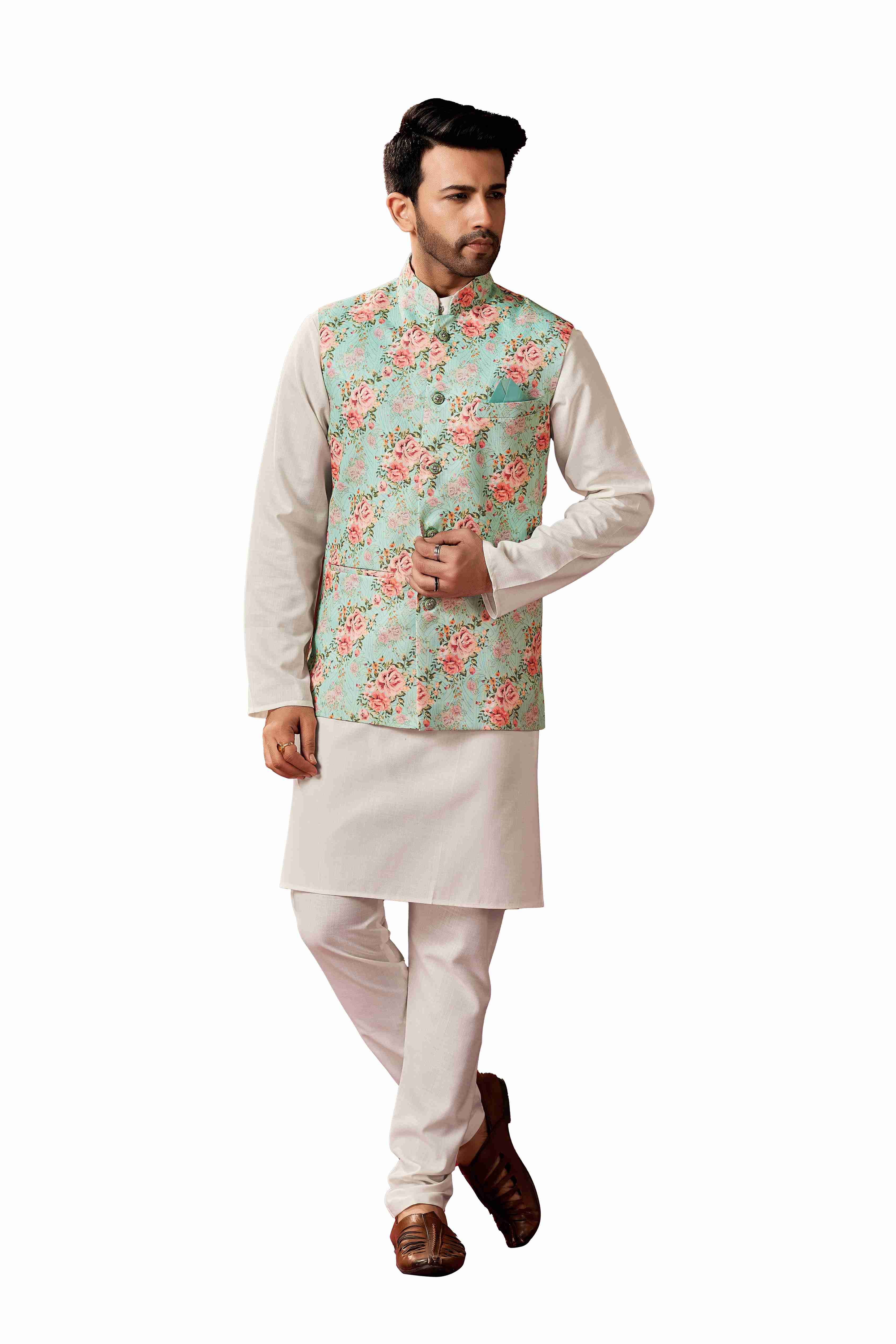 Men's Off-White Cotton Kurta Pajama Set With Printed Jacket