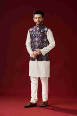 Men's Off-White Cotton Kurta Pajama Set with Printed Jacket