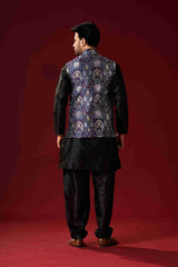 Men's Black Cotton Kurta Pajama Set With Printed Jacket