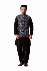 Men's Black Cotton Kurta Pajama Set With Printed Jacket