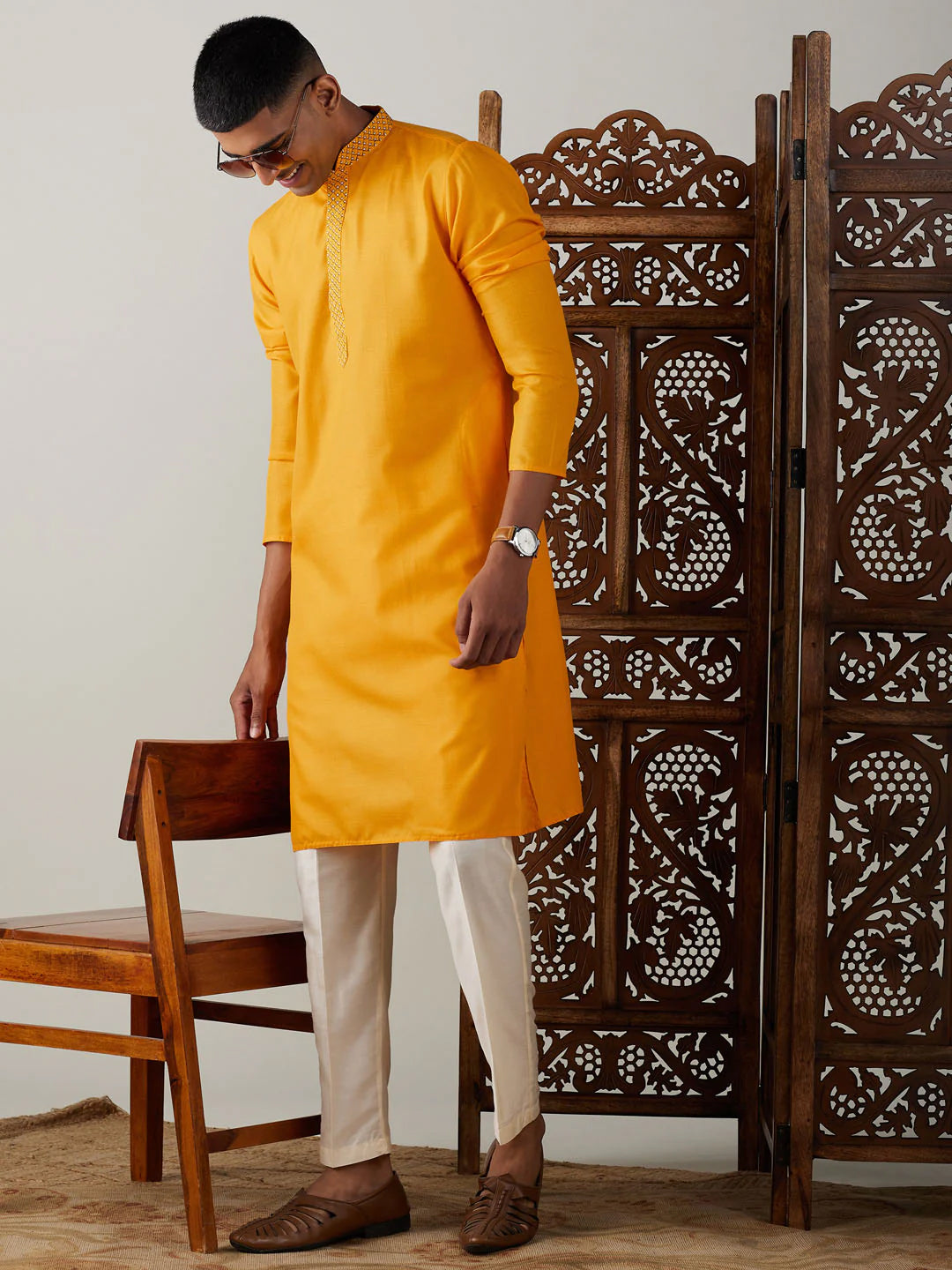 Ensemble pantalon Kurta en soie unie moutarde pour homme 