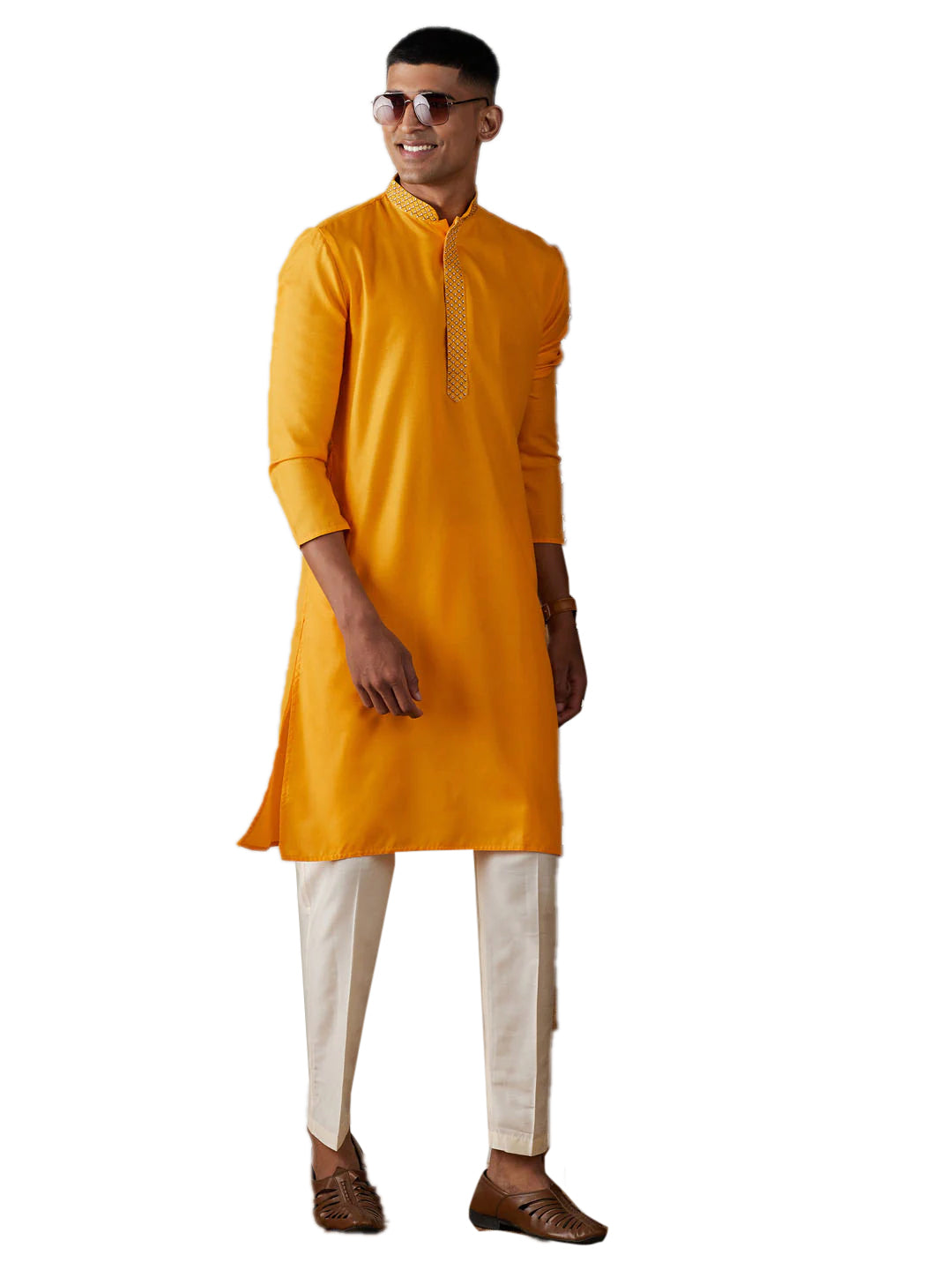 Ensemble pantalon Kurta en soie unie moutarde pour homme 