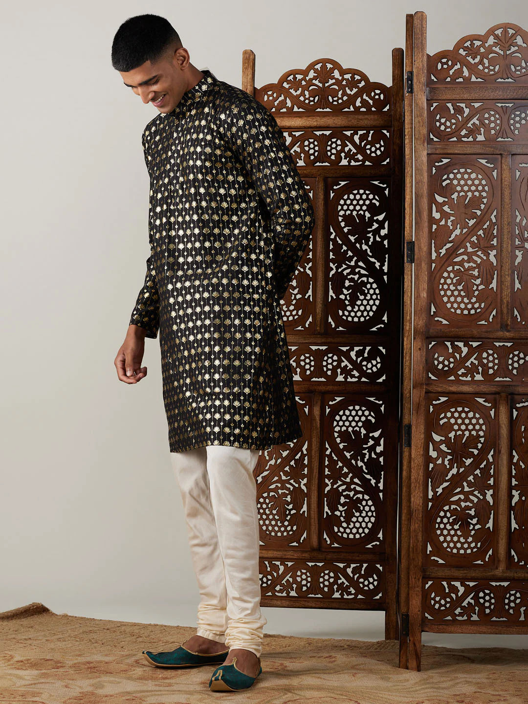 Men's Black Art Silk Foil Print Kurta Pant Set