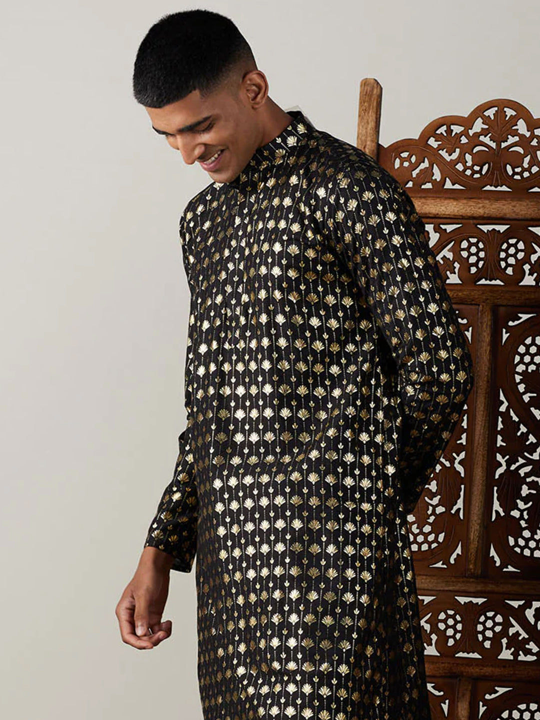 Men's Black Art Silk Foil Print Kurta Pant Set