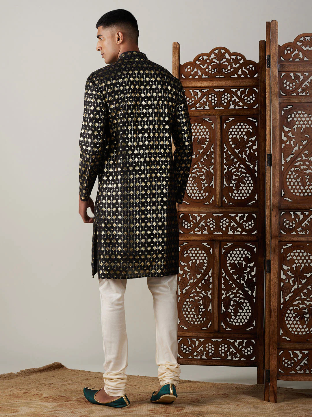 Men's Black Art Silk Foil Print Kurta Pant Set