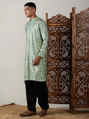 Men's Sea Green Art Silk Foil Print Kurta Pathani Set