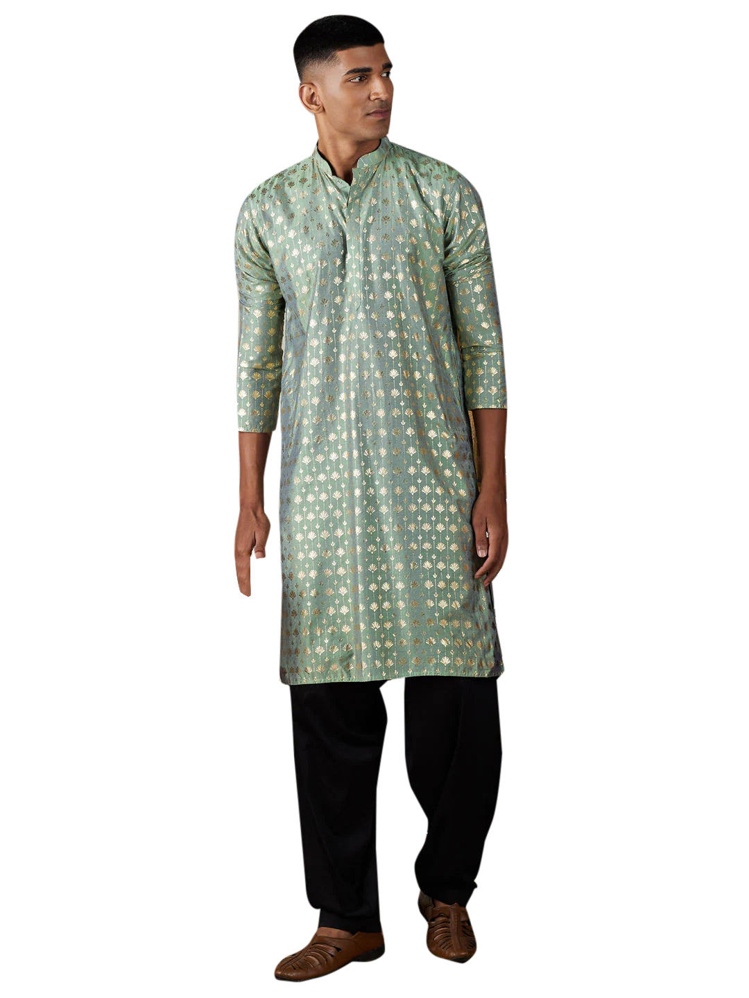 Men's Sea Green Art Silk Foil Print Kurta Pathani Set