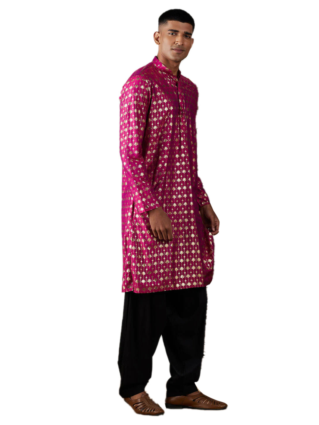 Ensemble Kurta Pathani à imprimé feuille de soie rose pour hommes 