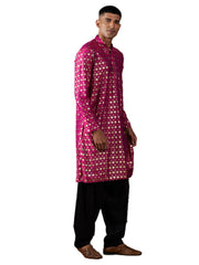 Ensemble Kurta Pathani à imprimé feuille de soie rose pour hommes 