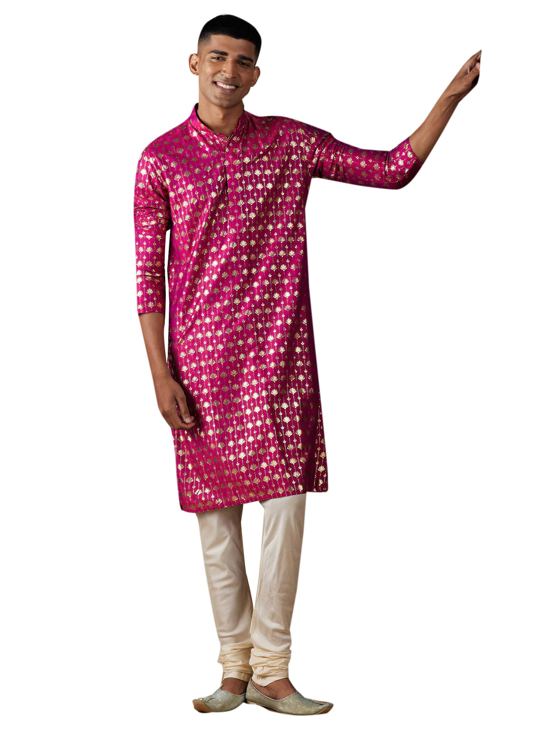 Ensemble pantalon Kurta en soie rose à imprimé artistique pour homme 