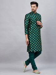 Men's Teal Green Art Silk Foil Print Kurta Pant Set