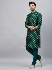 Men's Teal Green Art Silk Foil Print Kurta Pant Set