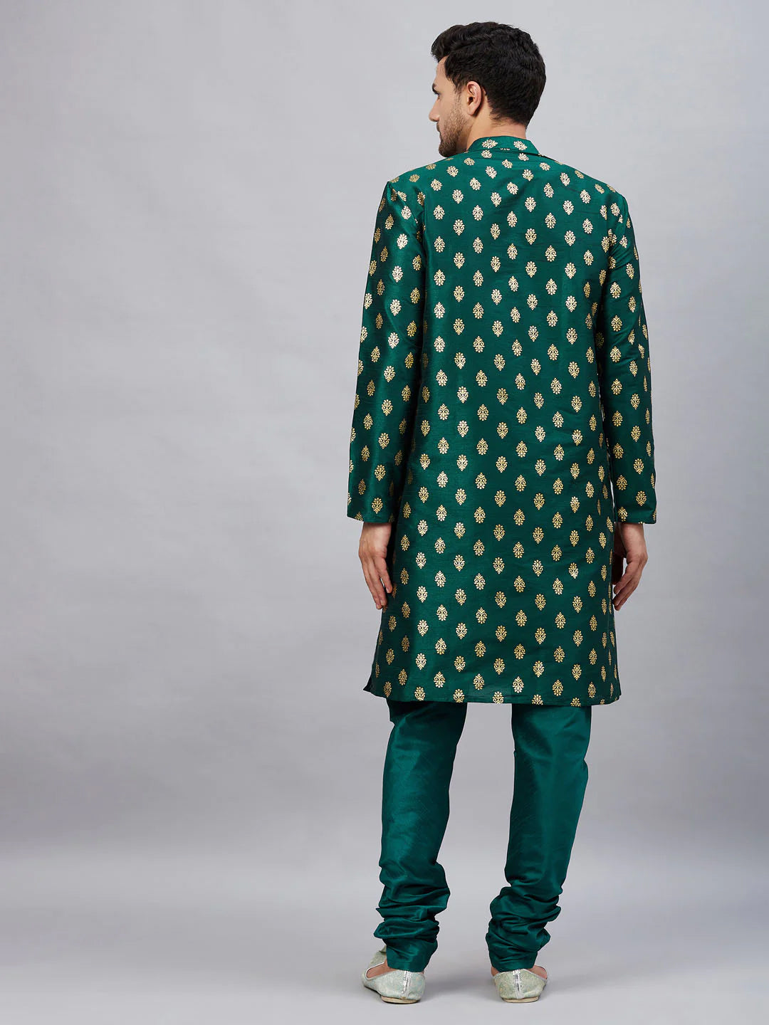 Men's Teal Green Art Silk Foil Print Kurta Pant Set