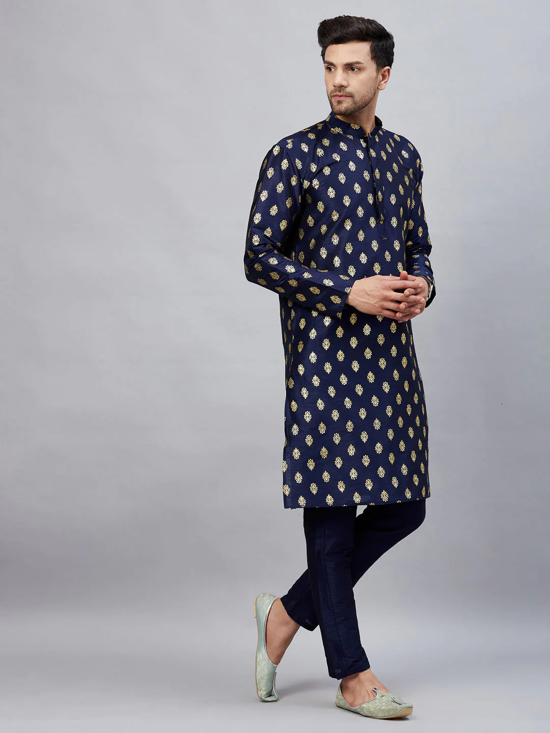 Men's Dark Blue Art Silk Foil Print Kurta Pant Set