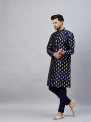 Men's Dark Blue Art Silk Foil Print Kurta Pant Set