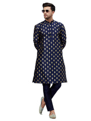 Men's Dark Blue Art Silk Foil Print Kurta Pant Set