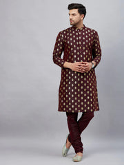 Brown Art Silk Foil Print Kurta Pant Set For Men