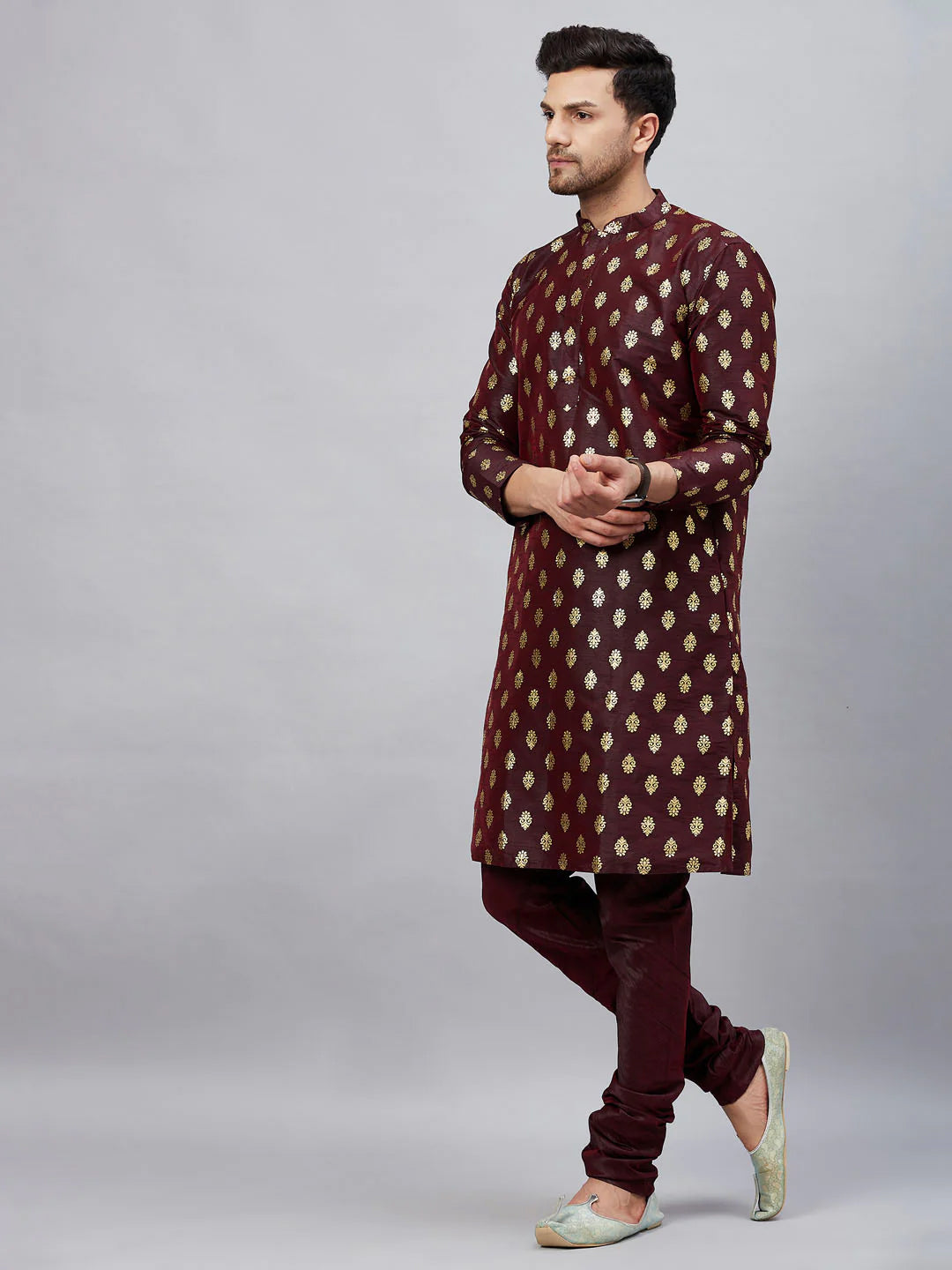 Brown Art Silk Foil Print Kurta Pant Set For Men