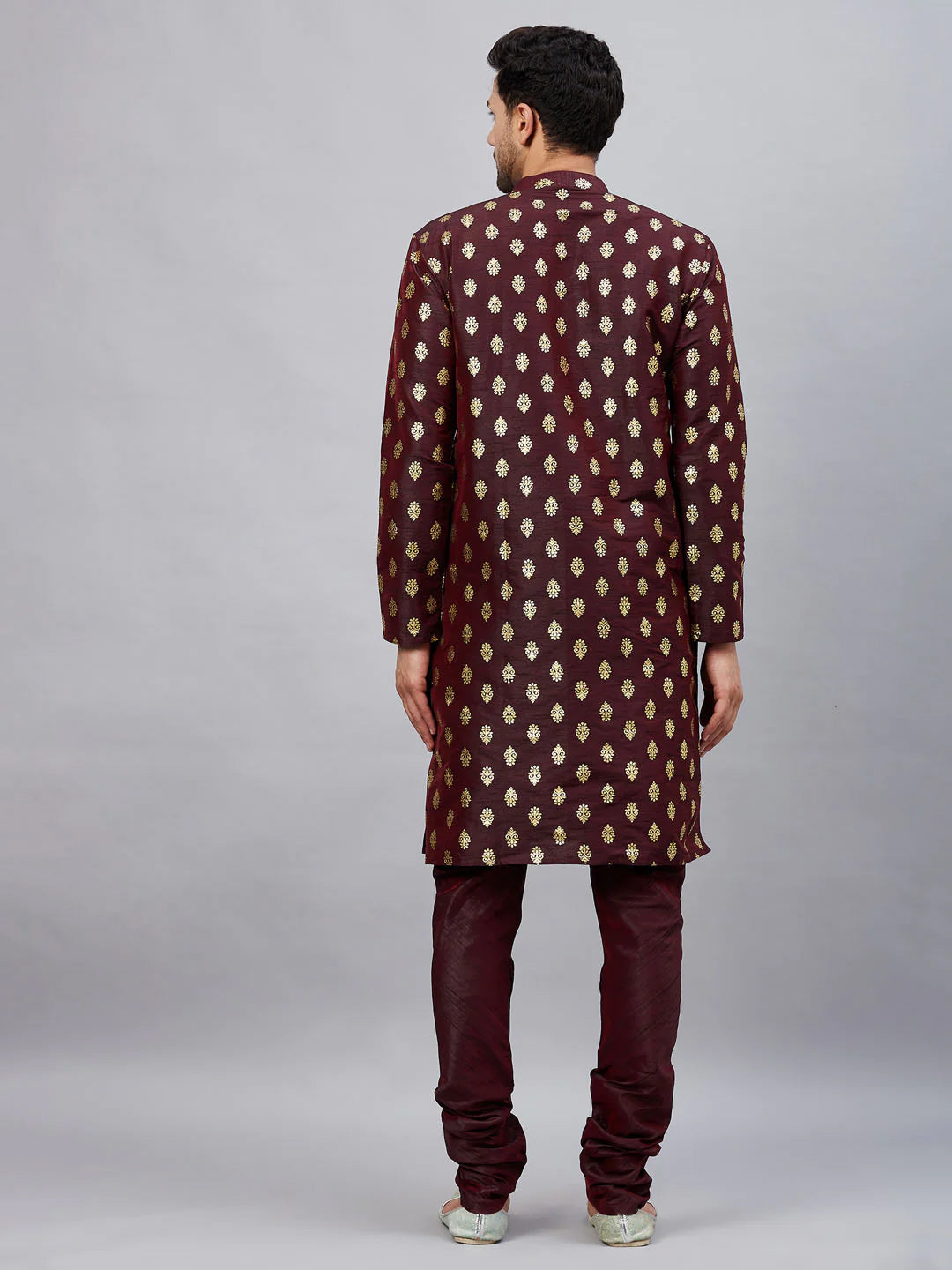 Brown Art Silk Foil Print Kurta Pant Set For Men