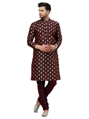 Brown Art Silk Foil Print Kurta Pant Set For Men