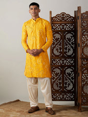 Men's Yellow Cotton Mirror Embroidery Kurta Pathani Set