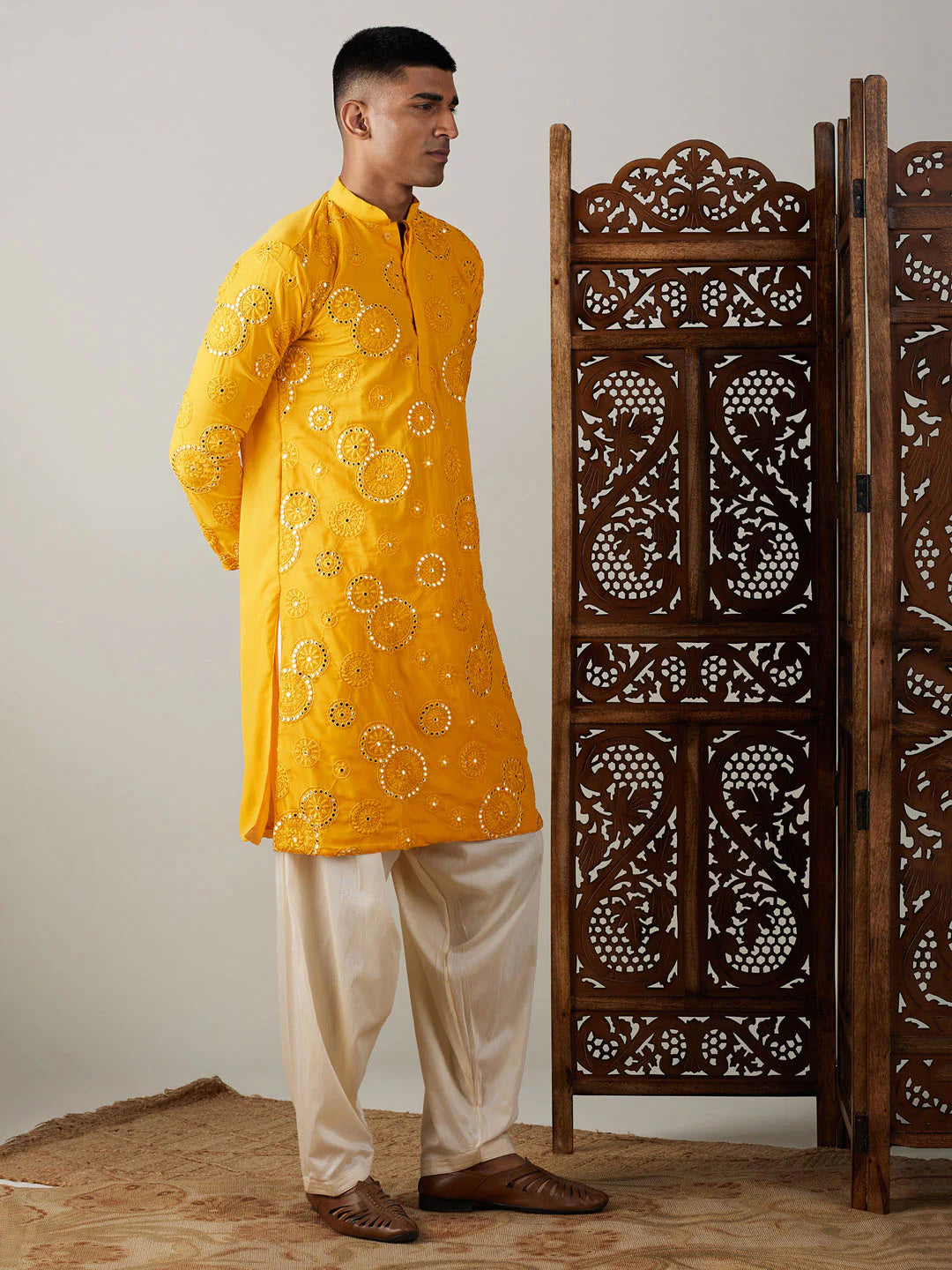 Men's Yellow Cotton Mirror Embroidery Kurta Pathani Set