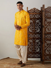 Men's Yellow Cotton Mirror Embroidery Kurta Pathani Set