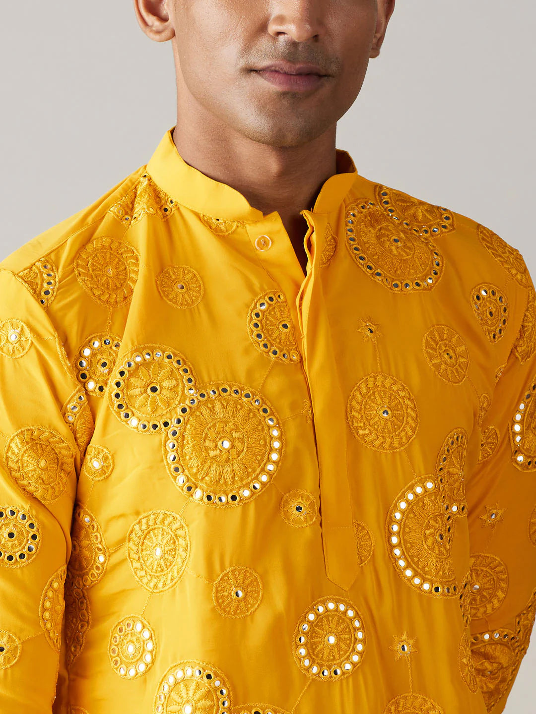 Men's Yellow Cotton Mirror Embroidery Kurta Pathani Set