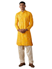 Men's Yellow Cotton Mirror Embroidery Kurta Pathani Set