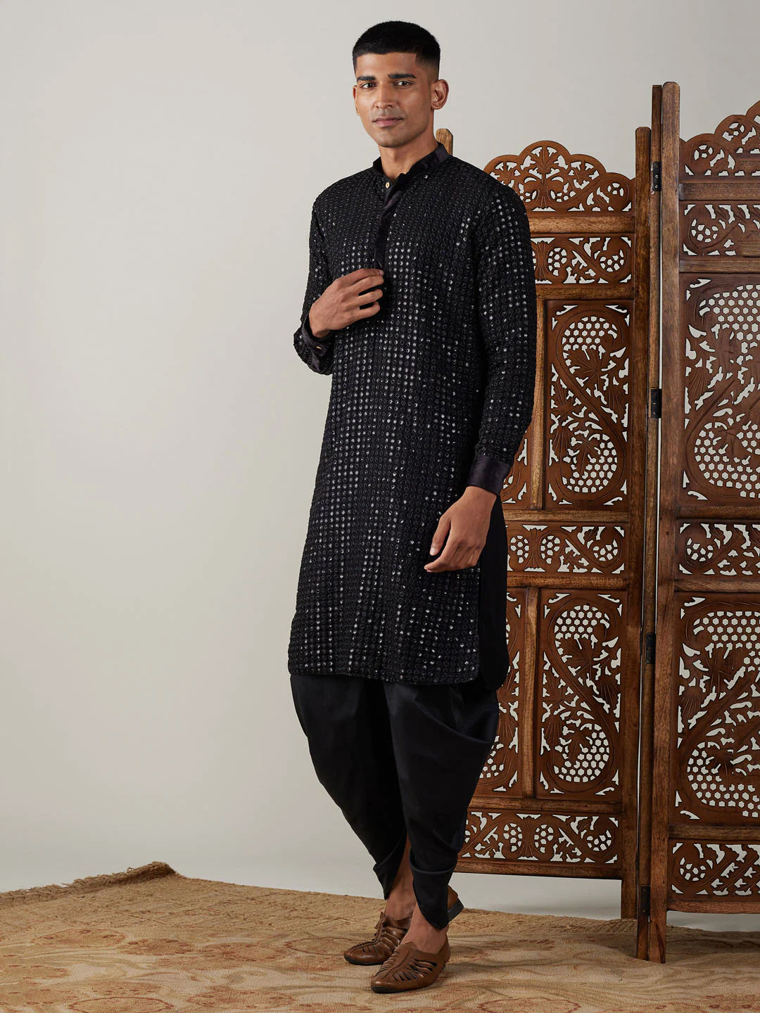 Black Cotton Mirror Embroidery Kurta Dhoti Set For Men