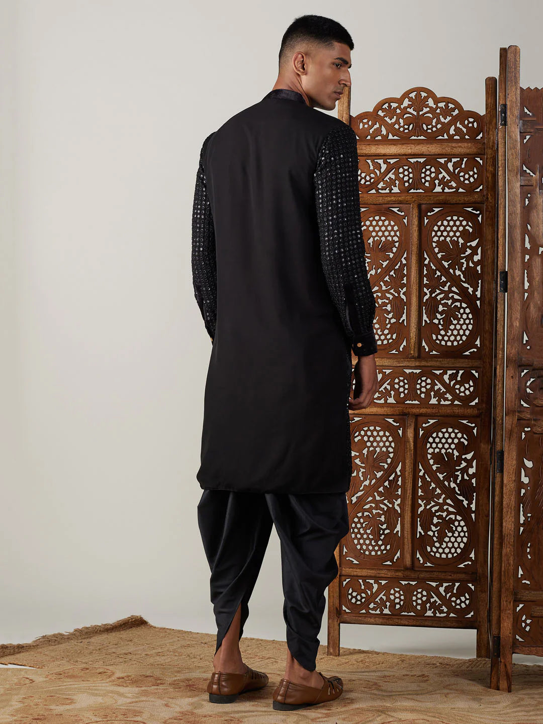 Black Cotton Mirror Embroidery Kurta Dhoti Set For Men