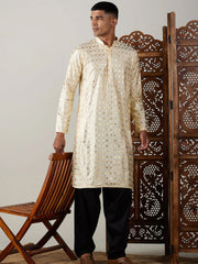 Men's Crème Art Silk Foil Print Kurta Pathani Set