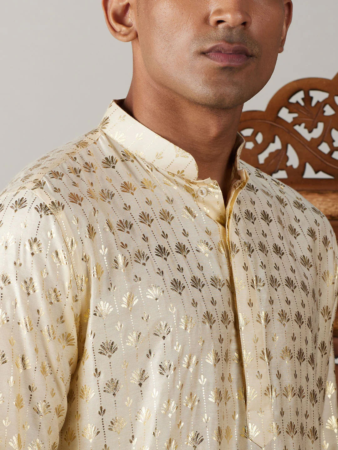 Men's Crème Art Silk Foil Print Kurta Pathani Set