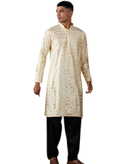 Men's Crème Art Silk Foil Print Kurta Pathani Set