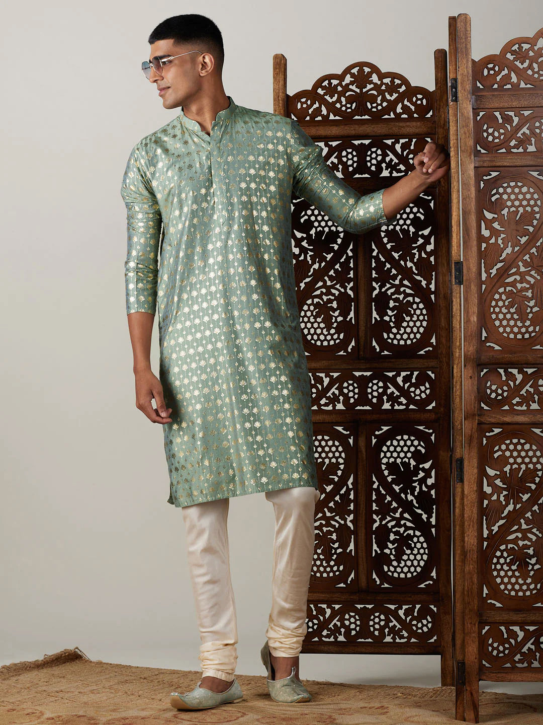 Teal Green Art Silk Foil Print Kurta Pant Set For Men