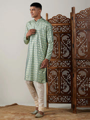 Teal Green Art Silk Foil Print Kurta Pant Set For Men