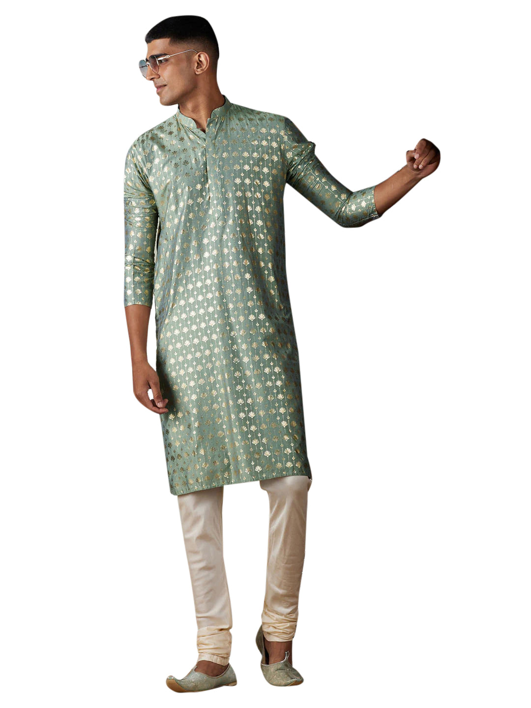 Teal Green Art Silk Foil Print Kurta Pant Set For Men