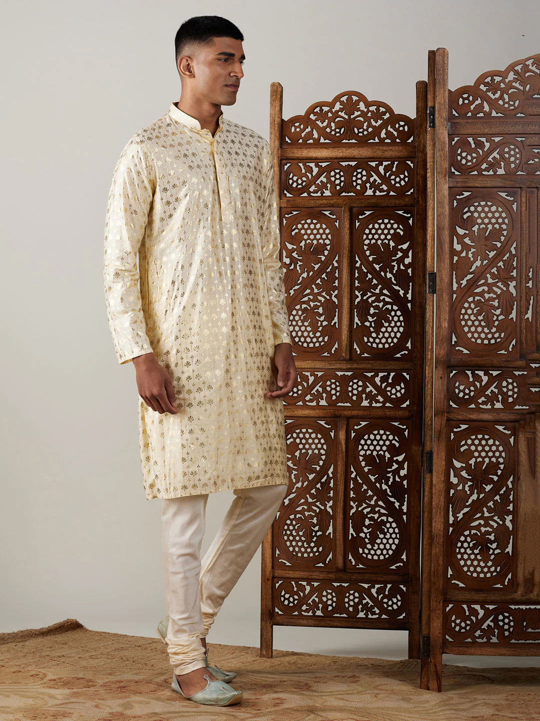 Men's Crème Art Silk Foil Print Kurta Pant Set