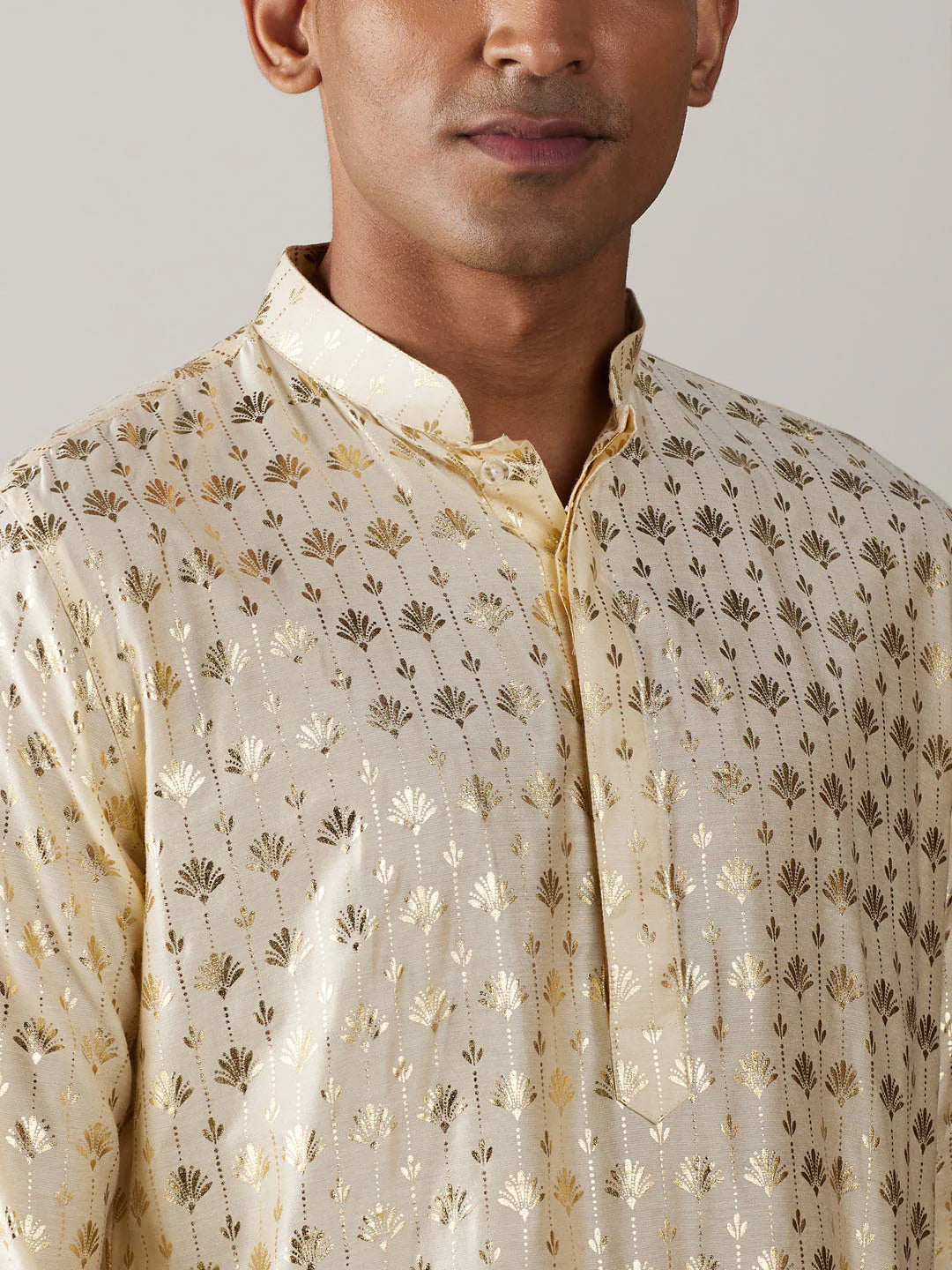 Men's Crème Art Silk Foil Print Kurta Pant Set