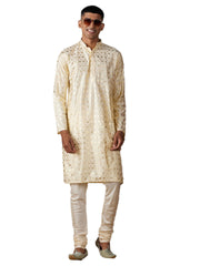 Men's Crème Art Silk Foil Print Kurta Pant Set