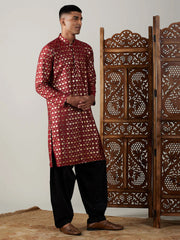 Men's Red Art Silk Foil Print Kurta Pathani Set