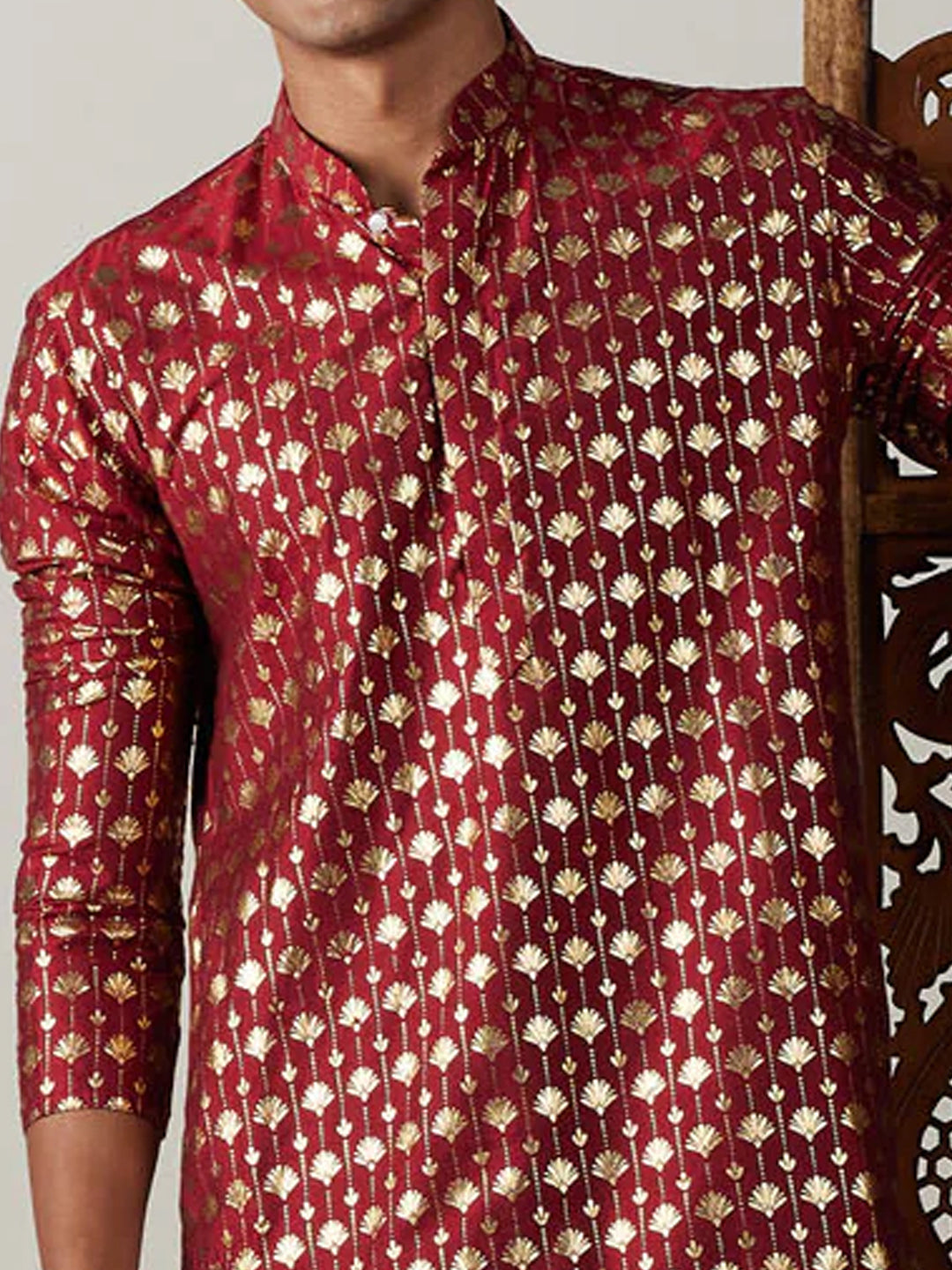 Men's Red Art Silk Foil Print Kurta Pathani Set