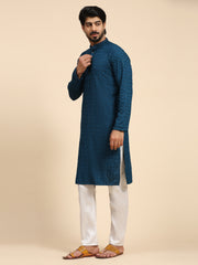 Men's Cyan Blue Rayon Cotton ChikanKari Kurta Pajama Set