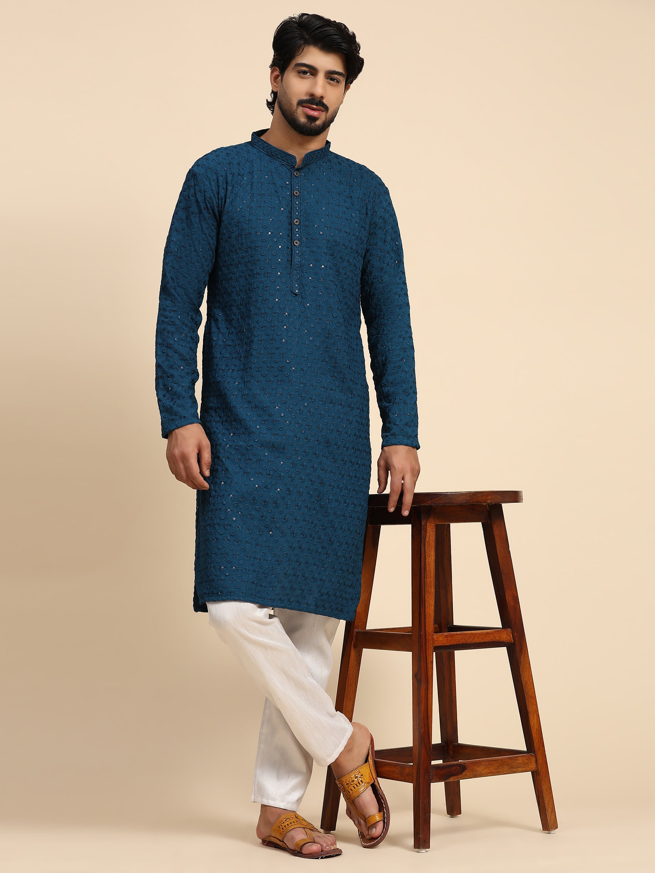 Men's Cyan Blue Rayon Cotton ChikanKari Kurta Pajama Set