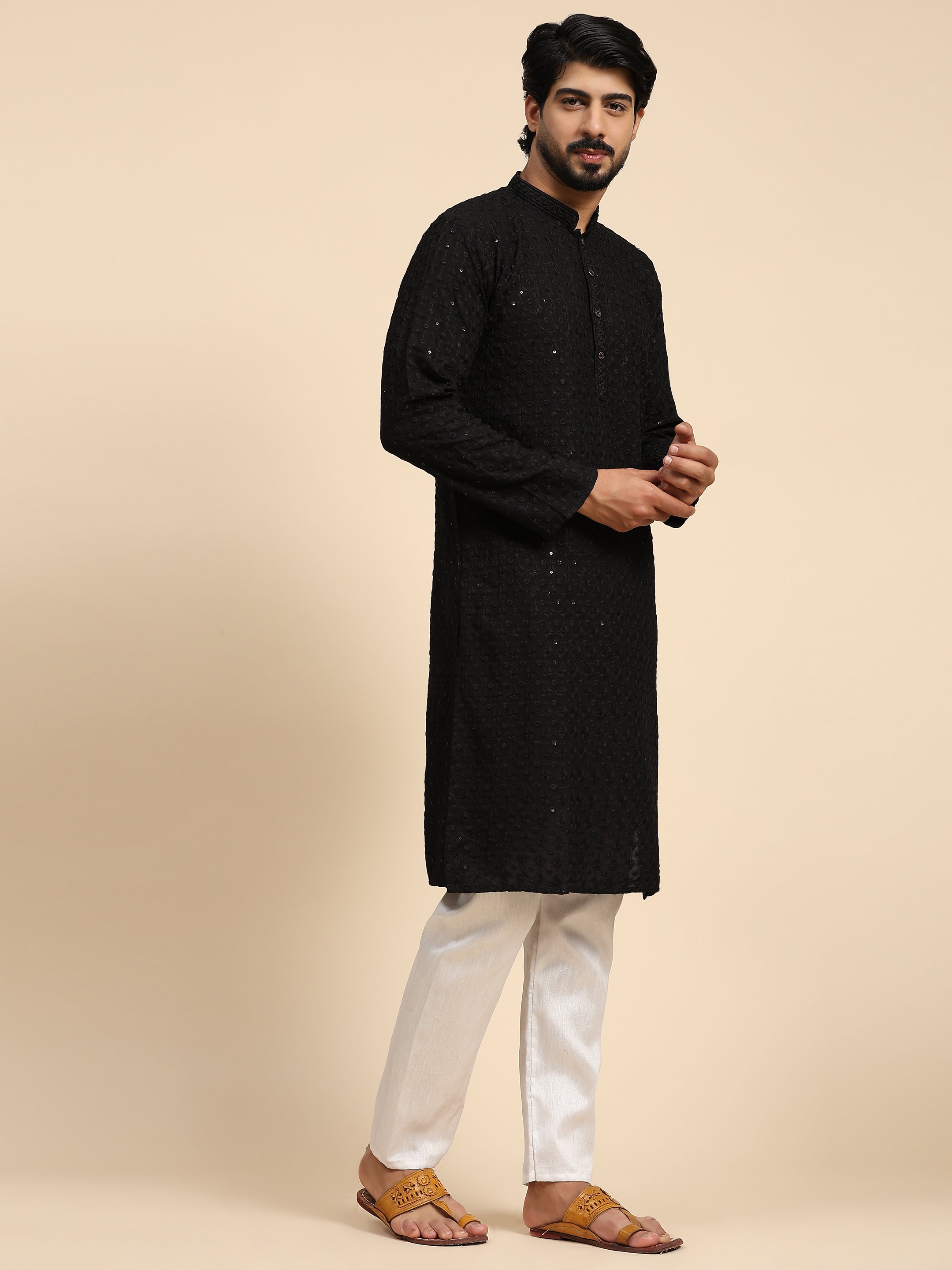 Men's Black Rayon Cotton ChikanKari Kurta Pajama Set