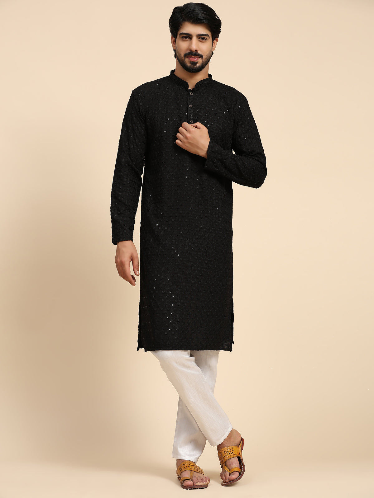 Men's Black Rayon Cotton ChikanKari Kurta Pajama Set