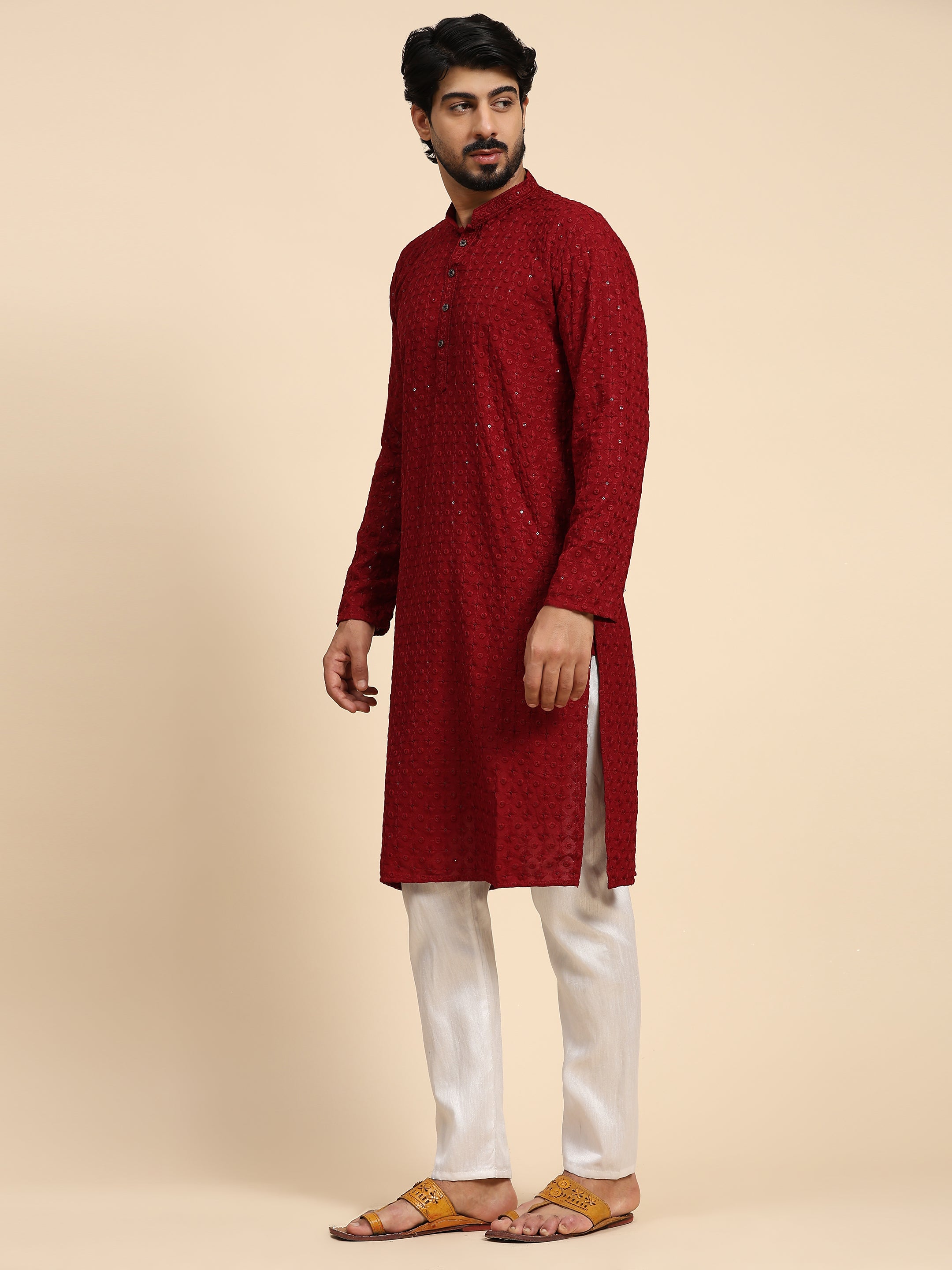 Men's Maroon Rayon Cotton ChikanKari Kurta Pajama Set